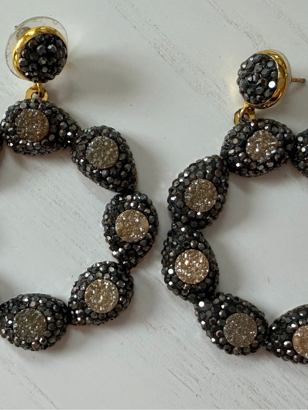 Gold and Black Druzy Crystal Hoop Earrings